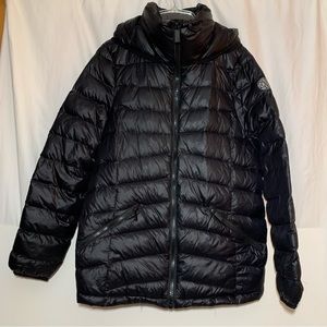 DNKY PUFFER BOMBER JACKET 1990’s Black zip up hooded shiny nylon down size Large